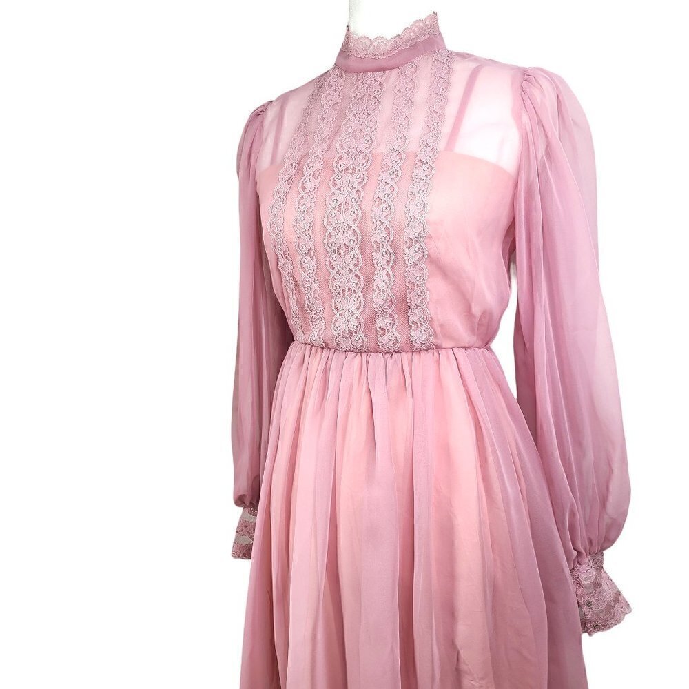 Romantic Vintage Edwardian High Collar Lace Dusty Rose Pink Midi Dress Gown
